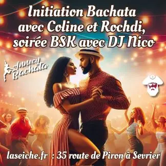 Affiche colorée sur fond de guirlandes lumineuses : un couple enlacé danse la bachata devant une piste animée, logo Annecy Bachata en haut à gauche, adresse de La Seiche en bas.