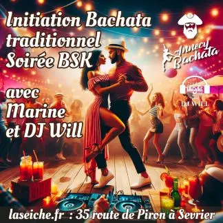 Affiche colorée d'un couple dansant la bachata en plein air sous des guirlandes, logo Annecy Bachata et mention laseiche.fr, 35 route de Piron à Sevrier