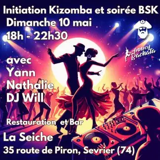 Affiche violette montrant un couple enlacé devant des platines et une foule, pour l'initiation kizomba et la soirée BSK de La Seiche à Sevrier