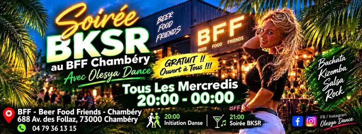 Bannière nocturne, avec le bar BFF illuminé entre des palmiers et une danseuse blonde, qui annonce la soirée BKSR du mercredi de 20:00 à 00:00 avec Olesya Dance.