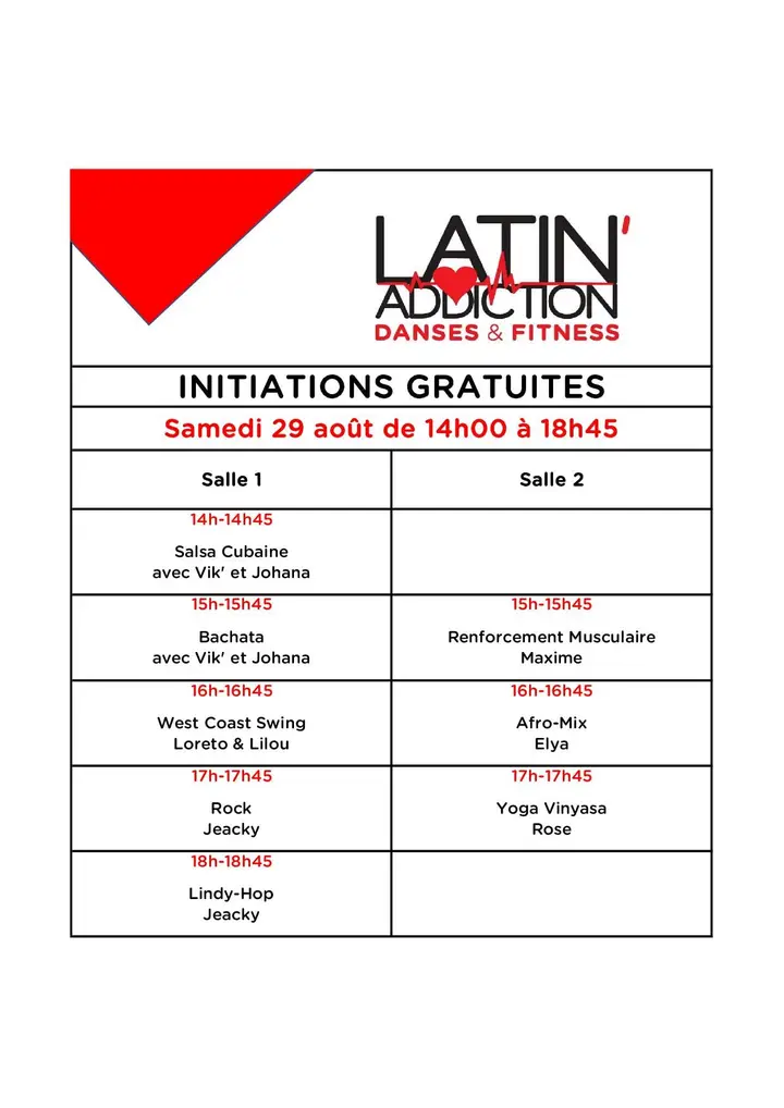 Affiche blanche et rouge de Latin'Addiction présentant en tableau les initiations gratuites du samedi 29 août, salle 1 et salle 2, de 14h00 à 18h45.