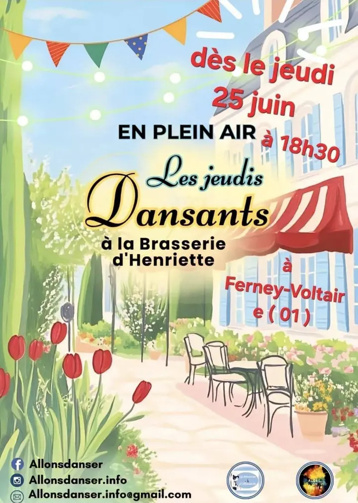 Affiche illustrée d'une terrasse fleurie sous guirlandes et fanions, annonçant Les jeudis Dansants à la Brasserie d'Henriette, en plein air dès le jeudi 25 juin à 18h30 à…