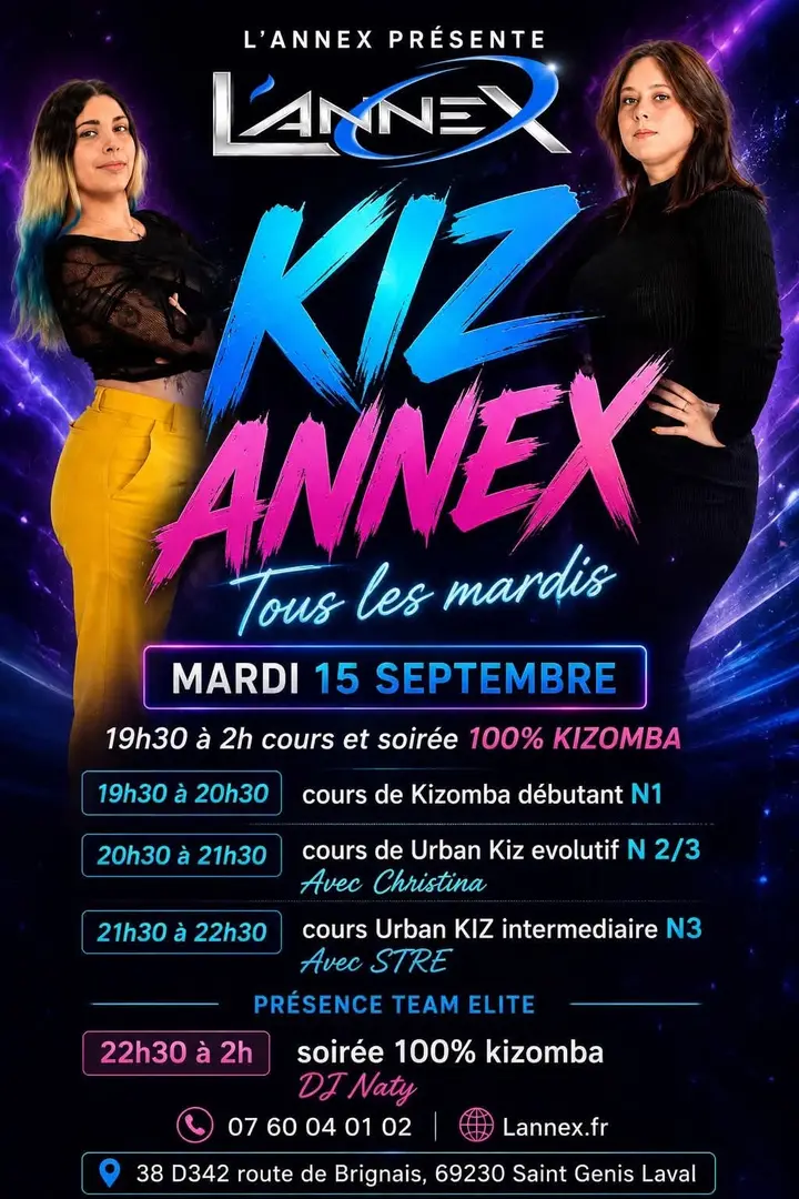 Affiche violette et rose Kiz Annex avec deux danseuses, annonçant le mardi 15 septembre de 19h30 à 2h à L'Annex.