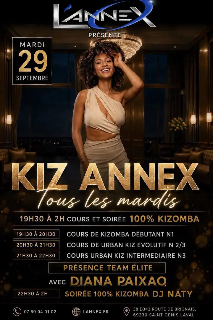 Affiche noir et or de Kiz Annex, avec une danseuse souriante en robe beige dans un salon à lustre, la date du mardi 29 septembre et la grille des cours