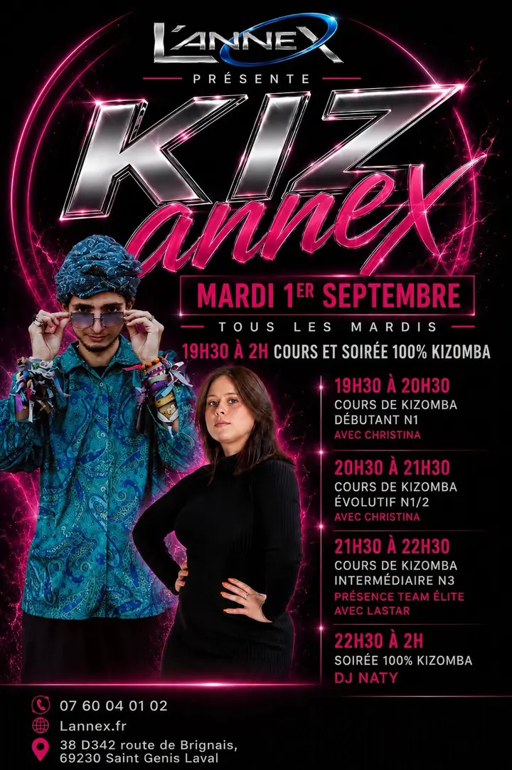 Affiche noire et rose fluo de Kiz Annex pour le mardi 1er septembre, deux danseurs à gauche et le programme des trois cours de kizomba à droite.