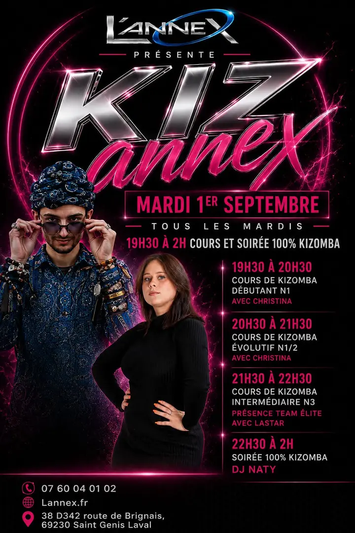 Affiche noire et rose fluo de Kiz Annex avec un danseur en tenue bleue et une danseuse en robe noire, et la grille des cours du mardi à L'Annex.