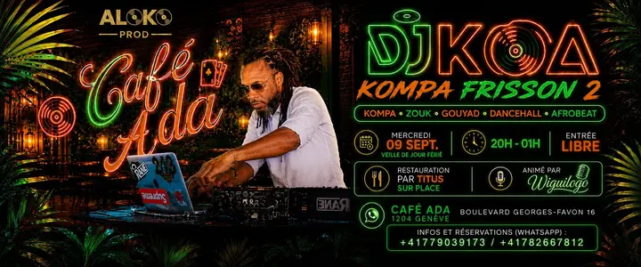 Affiche néon verte et orange montrant DJ KOA aux platines pour Kompa Frisson 2 au Café Ada, mercredi 9 septembre de 20h à 1h.