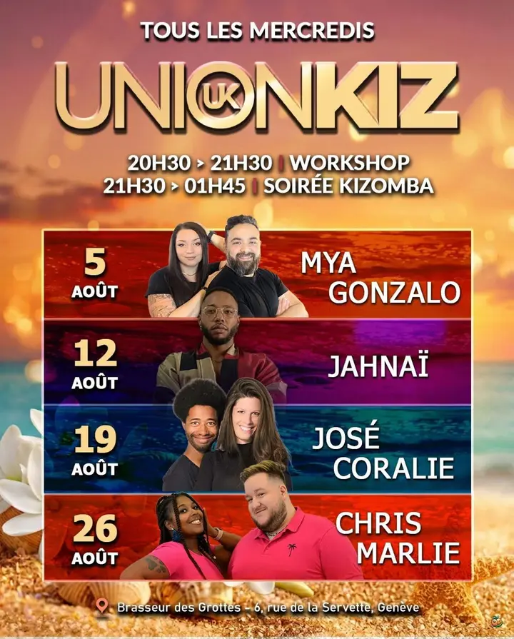 Affiche de L'UNION KIZ · Soirée Kizomba + workshop José & Coralie · Brasseur des Grottes · Genève (mercredi 19 août)
