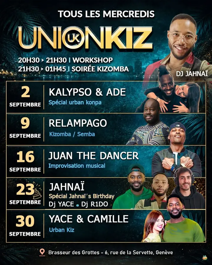 Affiche dorée et bleu nuit de L'Union Kiz listant les invités des mercredis de septembre au Brasseur des Grottes, avec les portraits de DJ Jahnaï et des professeurs.