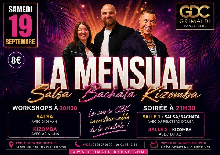 Affiche violet et fuchsia de La Mensual du 19 septembre, trois danseurs souriants sous des palmes, avec le programme des workshops et des deux salles.