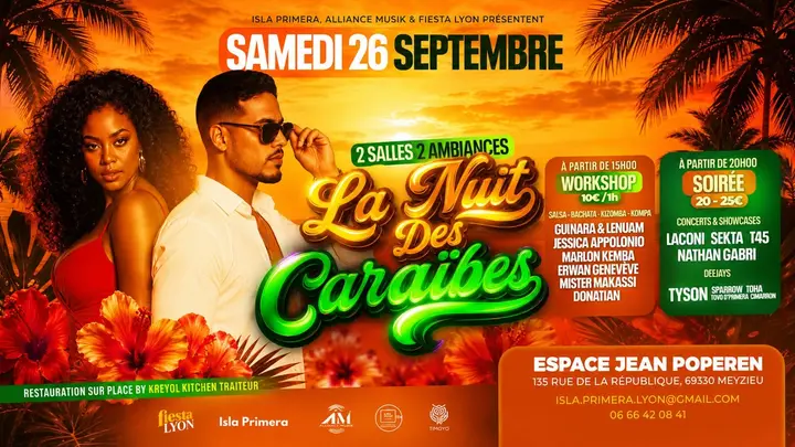 Couple posant devant un coucher de soleil tropical, palmiers et hibiscus, sous le titre « La Nuit des Caraïbes » en lettres dorées et vertes, avec les encadrés workshop dès 15h…