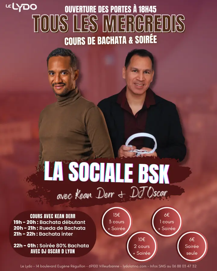 Deux hommes souriants sur fond bordeaux, l'un tenant un casque audio, sous le titre La Sociale BSK et le détail des cours et tarifs.
