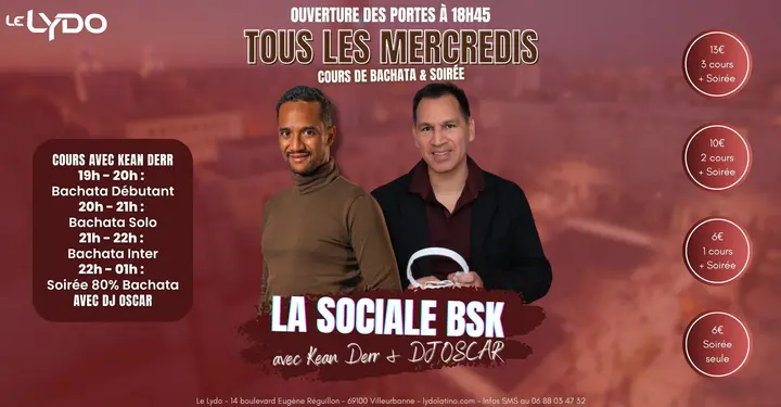 Affiche bordeaux du Lydo montrant Kean Derr et DJ Oscar souriants, avec la grille des cours de bachata du mercredi et les quatre tarifs en pastilles.