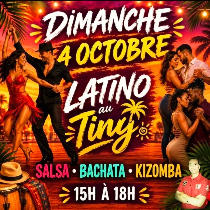 Affiche aux tons orangés de coucher de soleil tropical : des couples dansent de part et d'autre du titre « Latino au Tiny », avec la date du dimanche 4 octobre, les mots Salsa…