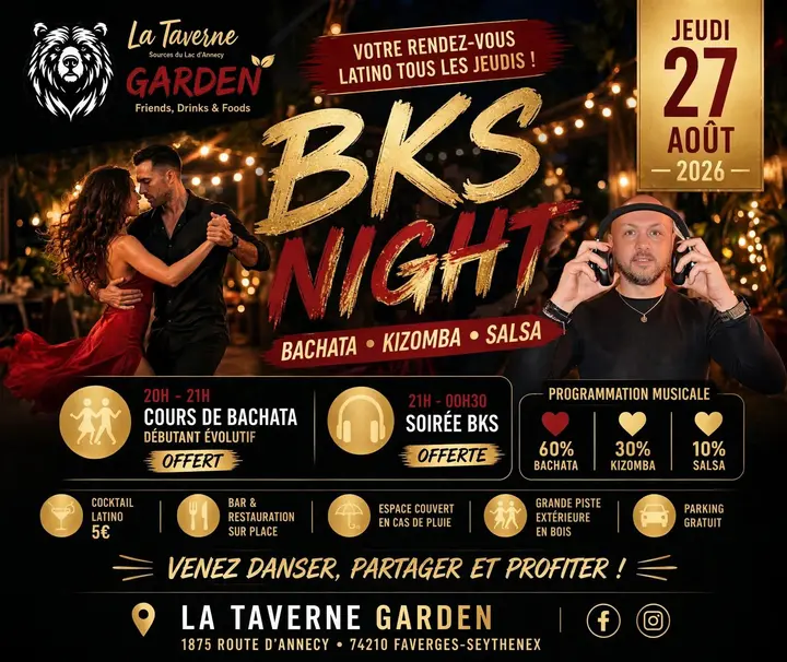 Affiche noir et or de la BKS Night du 27 août : un couple dansant la bachata, elle en robe rouge, et DJ Nico au casque dans le jardin illuminé de La Taverne Garden.