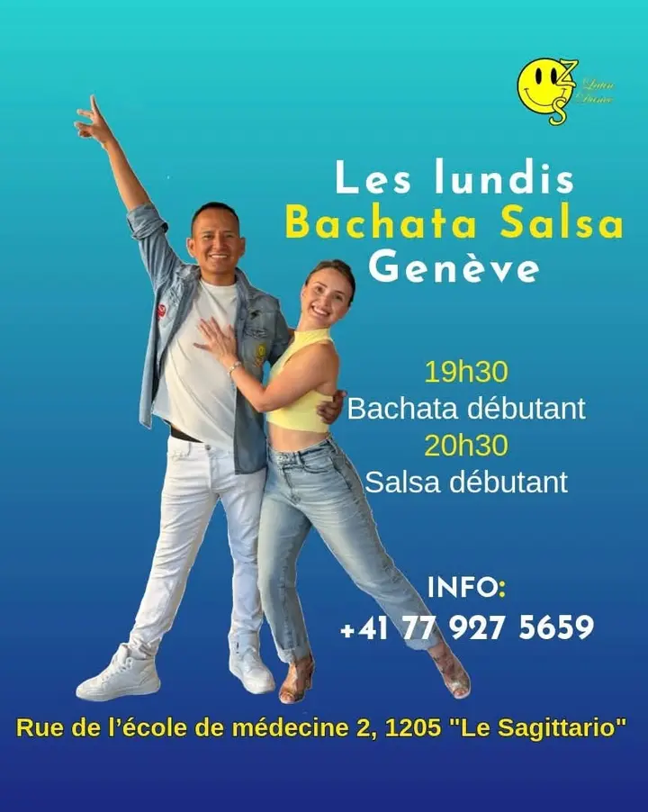 Affiche sur fond dégradé bleu turquoise : un couple de danseurs souriants en jean pose à côté du texte Les lundis Bachata Salsa Genève et des horaires 19h30 et 20h30, avec un…