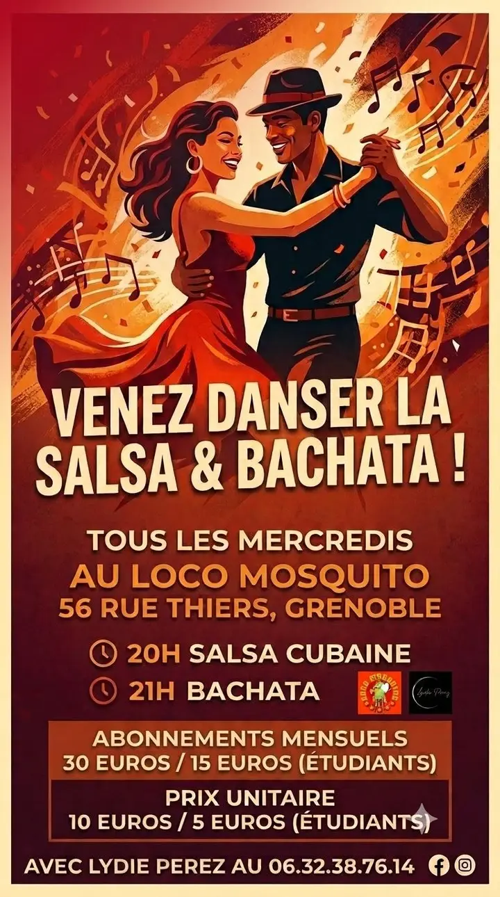 Illustration d'un couple qui danse, elle en robe rouge, lui en chapeau, sur un fond orangé de notes de musique, avec les horaires et les tarifs des mercredis salsa et bachata au…