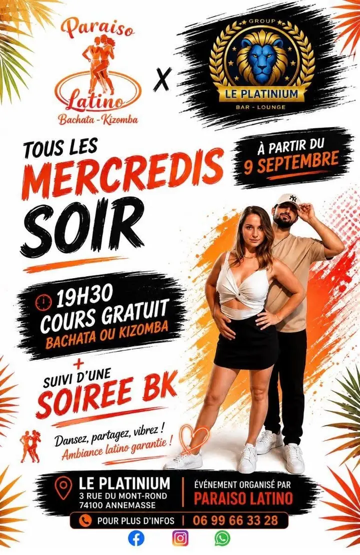 Affiche orange et noire annonçant les Mercredis Latinos au Platinium à partir du 9 septembre, avec un couple de danseurs et la mention cours gratuit à 19h30