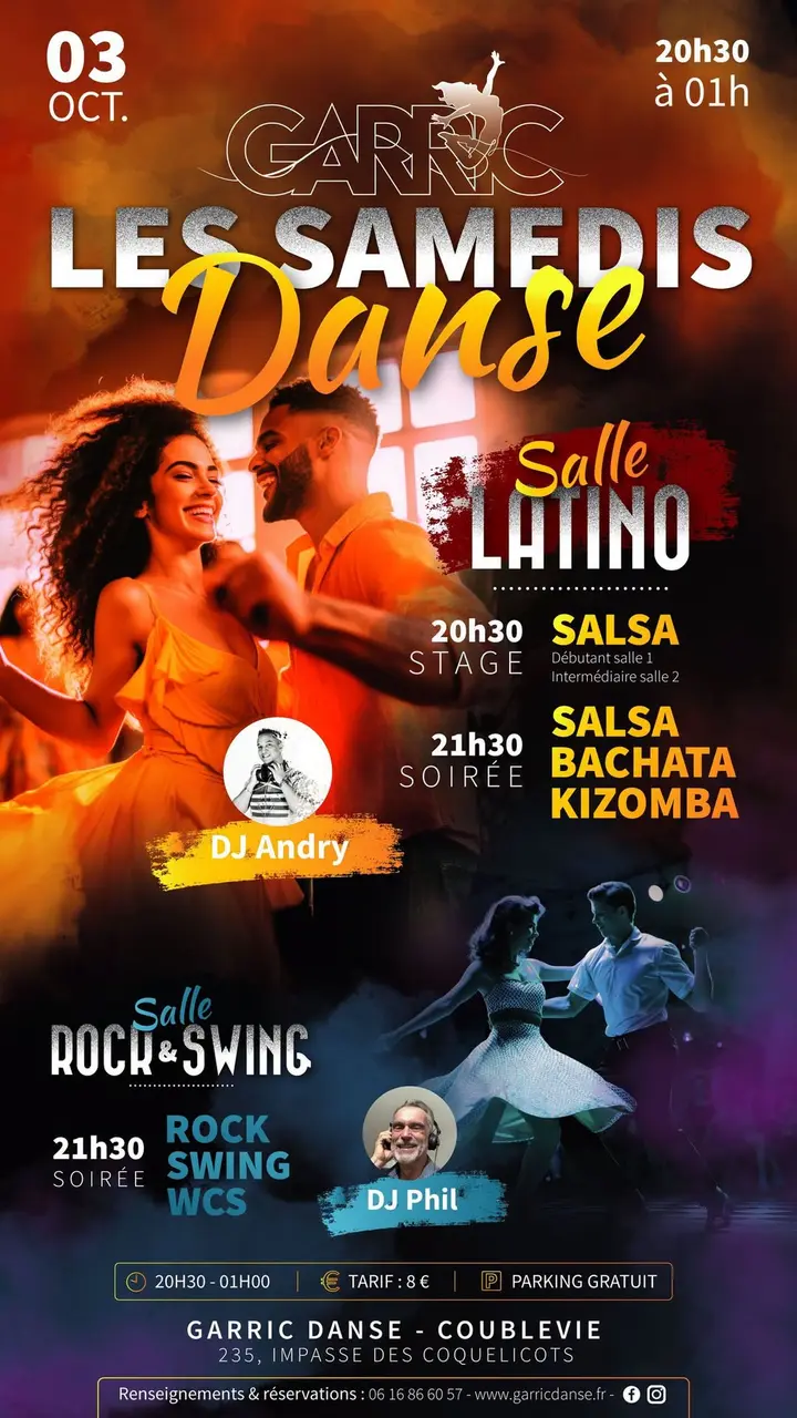 Affiche orange et violette des Samedis Danse du 3 octobre, avec un couple de danseurs latino, un couple de rock, et les photos de DJ Andry et DJ Phil.