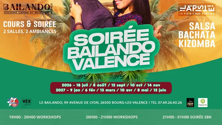 Affiche verte et orange de la Soirée Bailando Valence, un couple dansant sous des palmiers, avec les dates de la saison et les horaires des workshops.