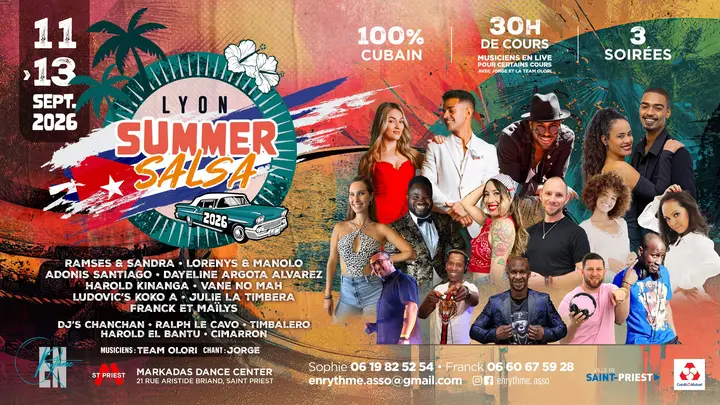 Affiche aux couleurs du drapeau cubain, palmiers et voiture américaine turquoise, entourée des portraits des professeurs et DJ du Lyon Summer Salsa des 11 au 13 septembre 2026.