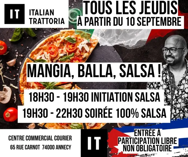 Pizza sur fond d'ardoise noire, drapeaux italien et cubain, DJ souriant en chemise à fleurs, et le titre Mangia, Balla, Salsa annoncé tous les jeudis à partir du 10 septembre.