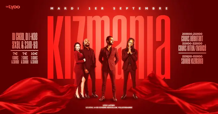 Affiche rouge du Lydo montrant quatre danseurs en costume bordeaux sous le titre Kizmania, mardi 1er septembre.