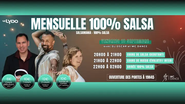Affiche turquoise et rouge de la Mensuelle 100% Salsa du vendredi 18 septembre au Lydo, avec trois danseurs souriants, la grille horaire et les tarifs en pastilles