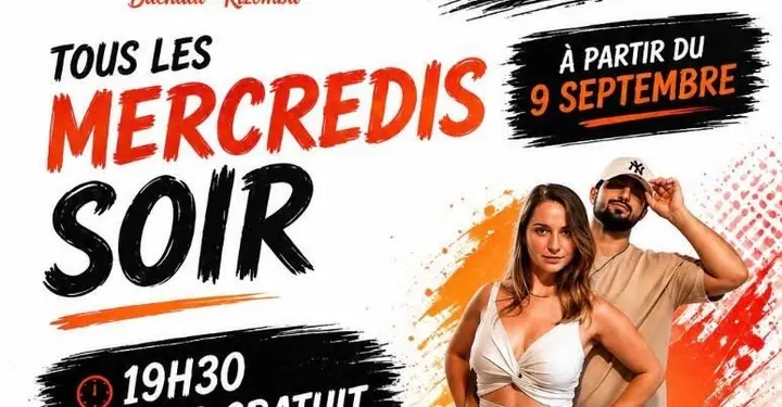 Affiche blanche à coups de pinceau orange et noirs, « Tous les mercredis soir, à partir du 9 septembre, 19h30 », avec un couple de danseurs en tenue claire.