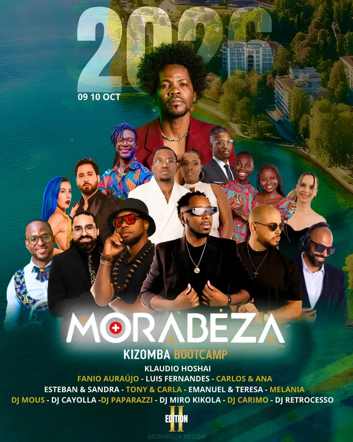 Affiche bleu lagon du Morabeza Kizomba Bootcamp II, 09-10 octobre, montrant les portraits des artistes et DJ au-dessus d'une rive de lac