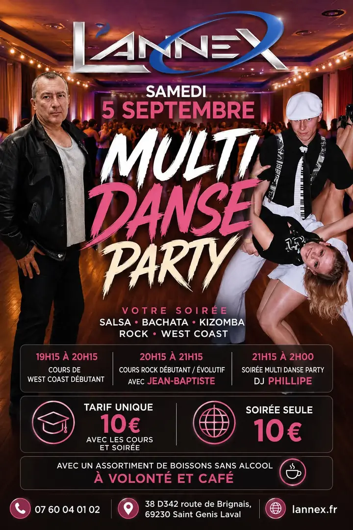 Affiche noire et rose de la Multi Danse Party du samedi 5 septembre à L'Annex, avec un couple de danseurs sur la piste et la grille des cours et tarifs.