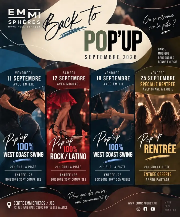Affiche Back to Pop'up septembre 2026 en quatre panneaux bleu, rouge, bleu et doré, chacun montrant un couple de danseurs et sa date.