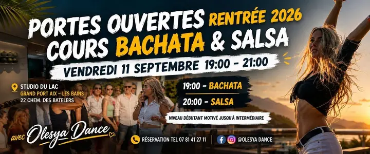 Affiche sombre et jaune d'Olesya Dance annonçant les portes ouvertes bachata et salsa du vendredi 11 septembre, avec une danseuse au coucher de soleil.
