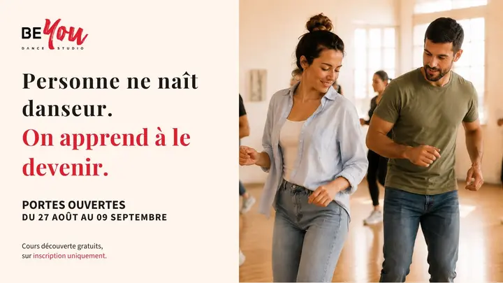 Affiche crème BeYou Dance Studio : un couple danse en studio parquet, slogan « Personne ne naît danseur. On apprend à le devenir », portes ouvertes du 27 août au 9 septembre.