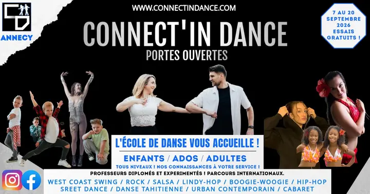 Affiche noire des portes ouvertes Connect'in Dance à Annecy, danseurs enfants et adultes en pose, essais gratuits du 7 au 20 septembre 2026.