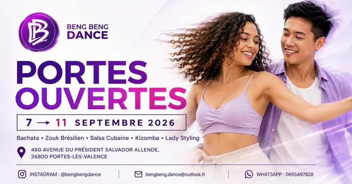 Affiche violette et rose des portes ouvertes Beng Beng Dance du 7 au 11 septembre 2026, avec un couple souriant en pleine danse et la liste des styles proposés.
