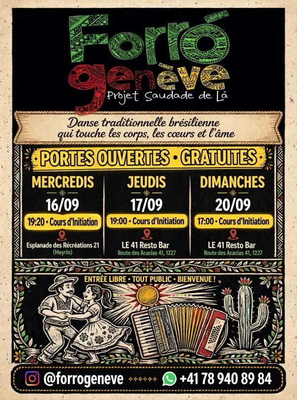 Affiche noire à motifs colorés de Forró Genève, avec un couple de danseurs et un accordéon dessinés, annonçant des portes ouvertes gratuites les 16, 17 et 20 septembre.