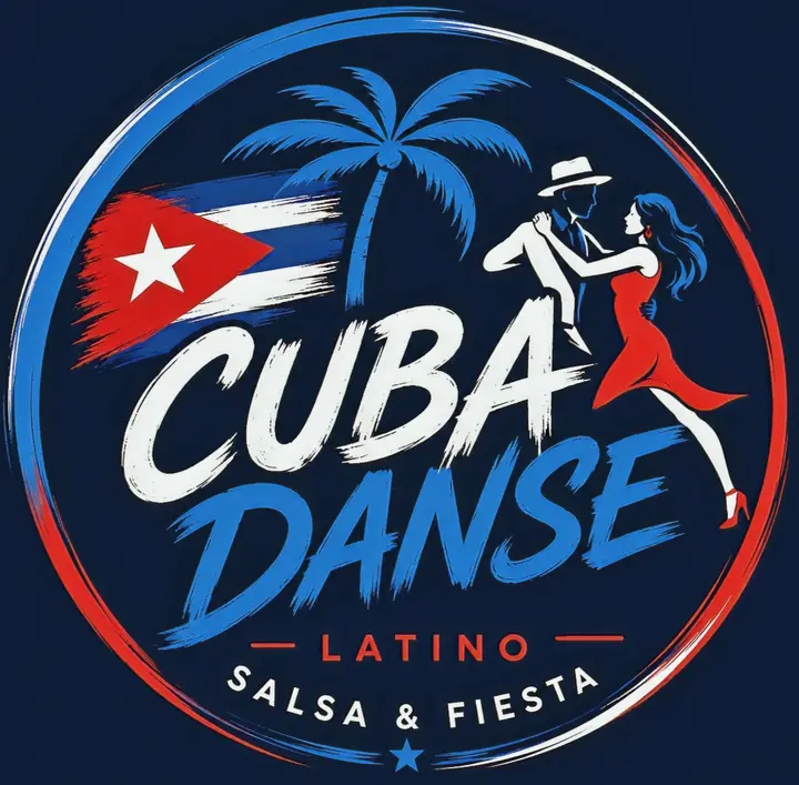 Logo rond de Cuba Danse sur fond bleu nuit : drapeau cubain, palmier et couple de danseurs, mention Latino Salsa & Fiesta