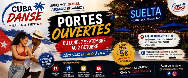 Affiche aux couleurs du drapeau cubain : un couple danse la salsa, la terrasse illuminée du bar-restaurant Suelta et l'annonce des portes ouvertes du 7 septembre au 2 octobre.