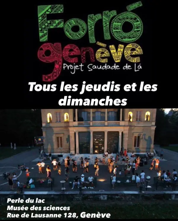 Logo coloré Forró Genève — Projet Saudade de Lá sur fond noir, au-dessus d'une photo nocturne de danseurs sur le parvis éclairé de la villa Bartholoni.