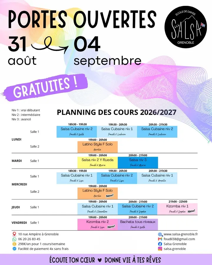 Affiche pastel « Portes ouvertes 31 août > 04 septembre, gratuites » avec le planning des cours 2026/2027 de Salsa Grenoble, jour par jour et salle par salle.
