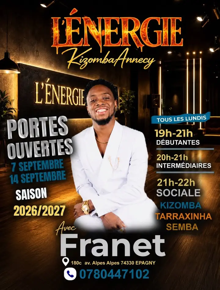 Affiche noir et or de L'Énergie Kizomba Annecy : Franet en costume blanc, les portes ouvertes des 7 et 14 septembre et la grille horaire des lundis.