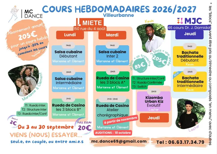 Planning hebdomadaire 2026/2027 de MC Dance sur fond blanc, avec les créneaux du lundi, du mardi et du jeudi en blocs bleus, verts et jaunes et les photos de Marianne, Clément…