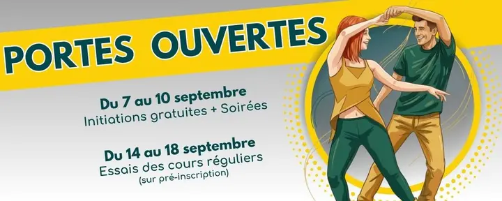 Bandeau jaune et gris Portes ouvertes montrant un couple qui danse, annonçant les initiations gratuites du 7 au 10 septembre et les essais de cours du 14 au 18 septembre.