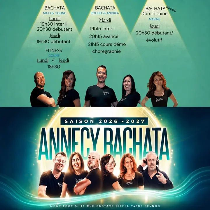 Planning coloré de la saison 2026-2027 d'Annecy Bachata, colonne du lundi au Mont-Foot 5 avec les cours de 18h30 à 21h30.
