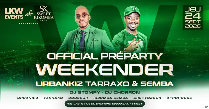 Affiche verte de la préparty du Weekender Urbankiz Tarraxo & Semba du jeudi 24 septembre, avec DJ Stompy et DJ Chorron en portrait.
