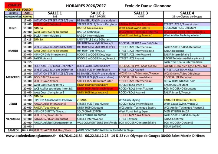 Grille horaire 2026/2027 de l'École de Danse Giannone, tableau coloré par jour et par salle, avec les cours de salsa et de bachata du mardi soir en salle 4.