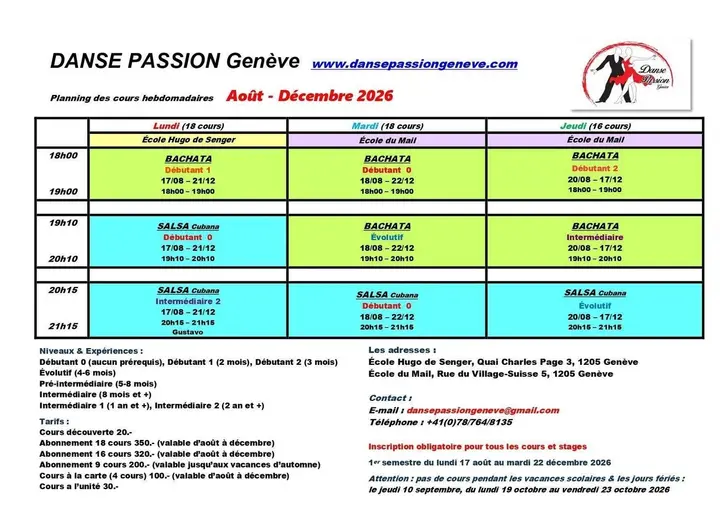 Affiche de Rentrée Danse Passion Genève · Cours Salsa Cubaine & Bachata · Plainpalais · Genève (mer 19 août)