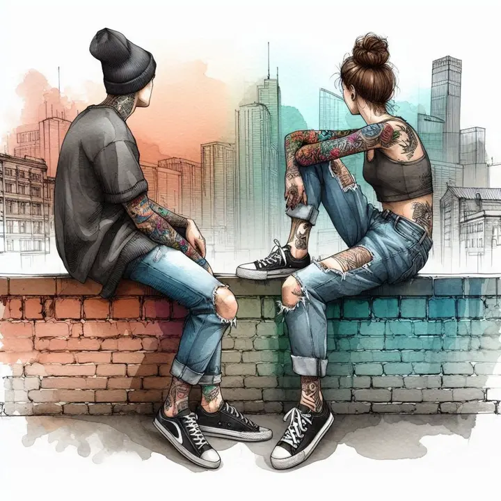 Illustration à l'aquarelle de deux personnes tatouées assises côte à côte sur un muret de briques, devant une skyline de gratte-ciels