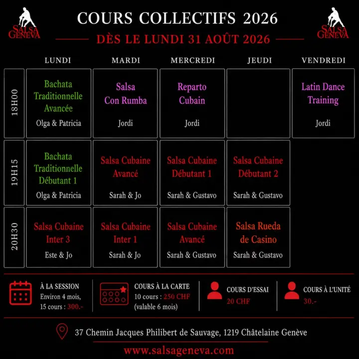 Planning noir des cours collectifs 2026 de SalsaGeneva, cinq colonnes du lundi au vendredi aux créneaux 18h, 19h15 et 20h30, avec la grille de tarifs en rouge.